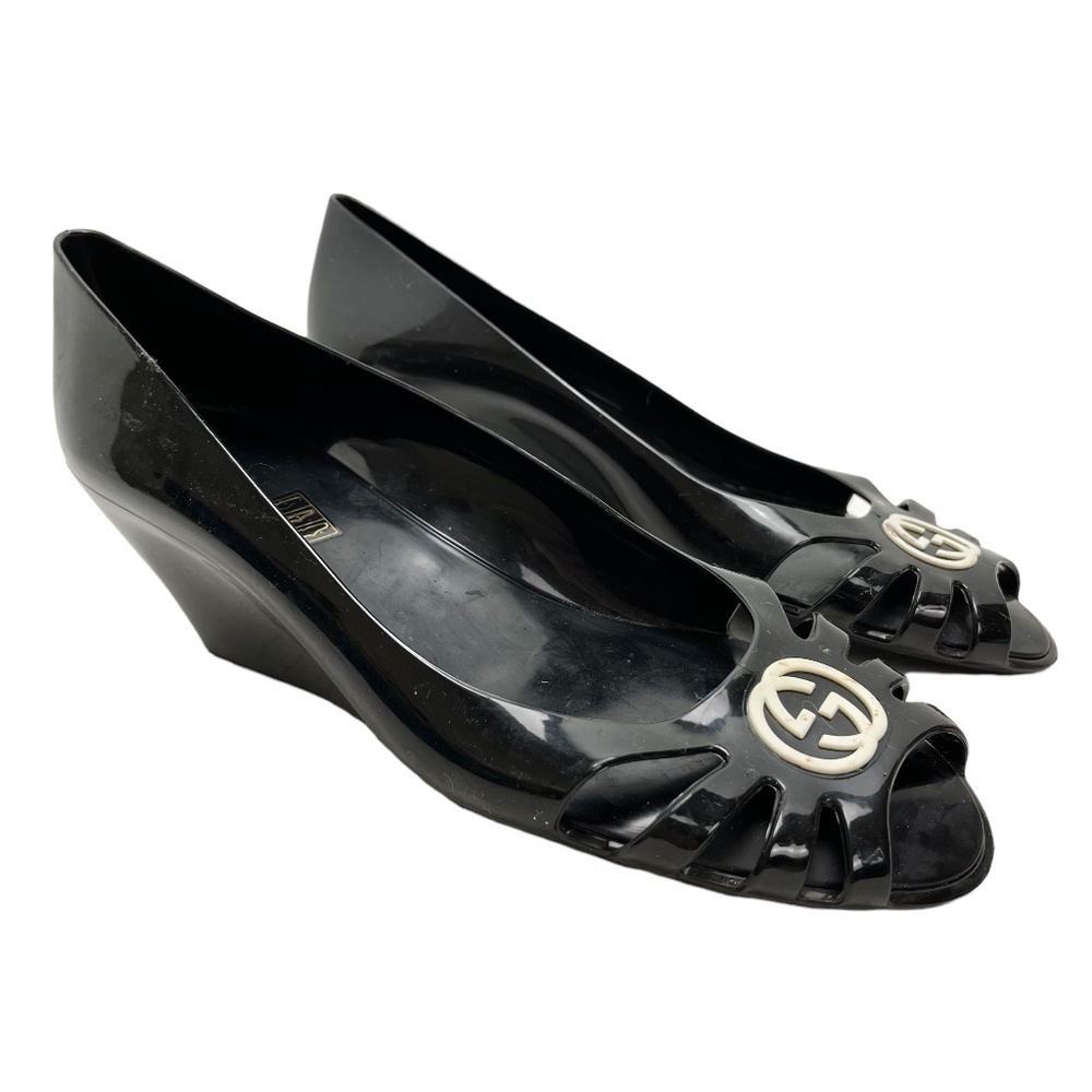 COPY - GUCCI MAROLA Black Rubber Wedge Peep Toe Sandals GG Logo Heels Slip On S…
